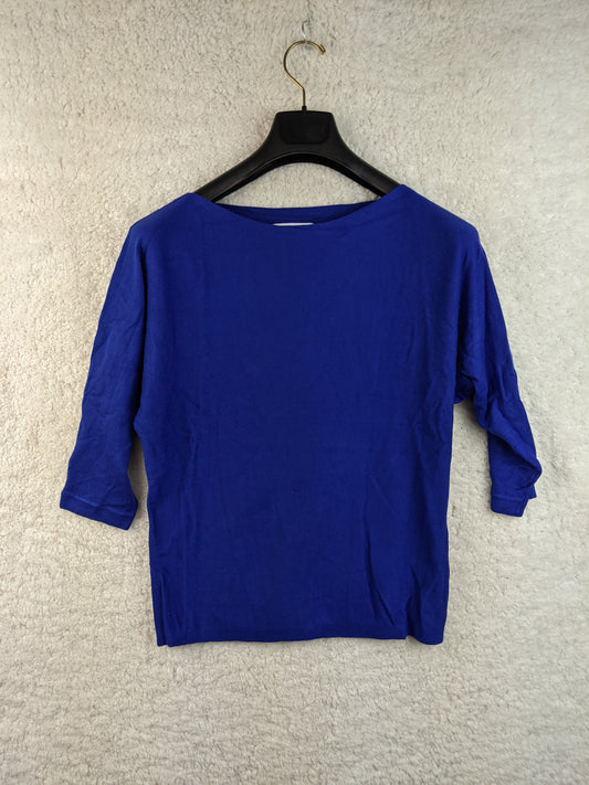 Front view of blue long sleeve top