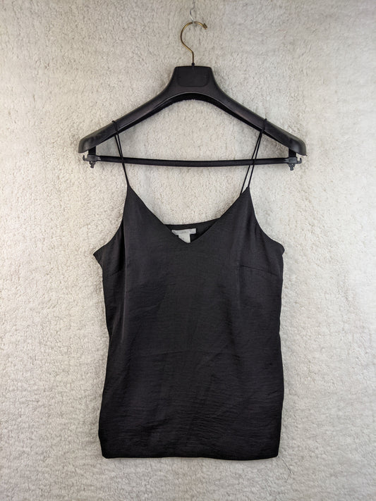 Front view of black camisole top on hanger