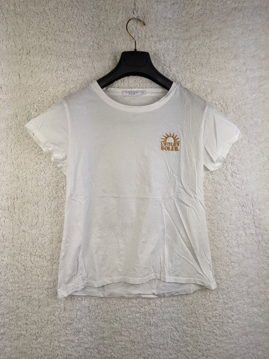 Front view of Costes Atelier white t-shirt with graphic