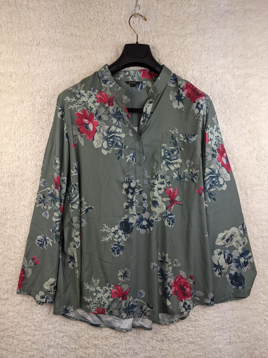 Front view of green floral blouse