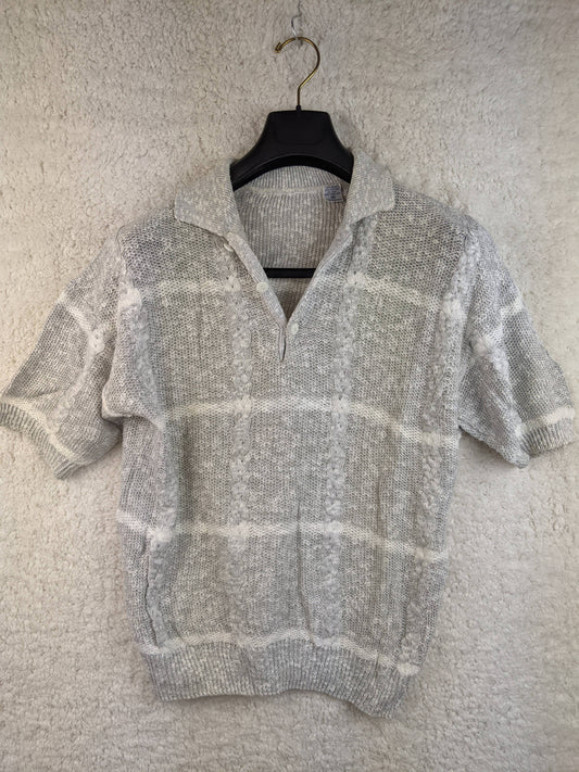 Front view of a vintage gray short-sleeve knit top