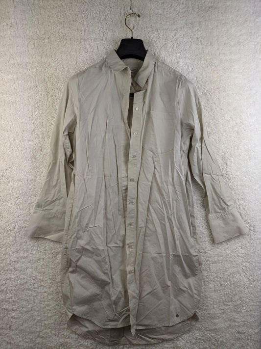 Front view of beige long sleeve shirt dress