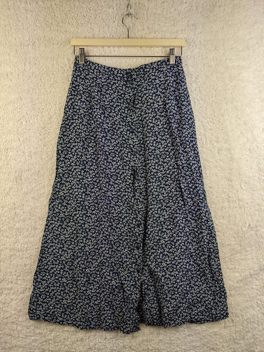 Front view of blue floral midi skirt