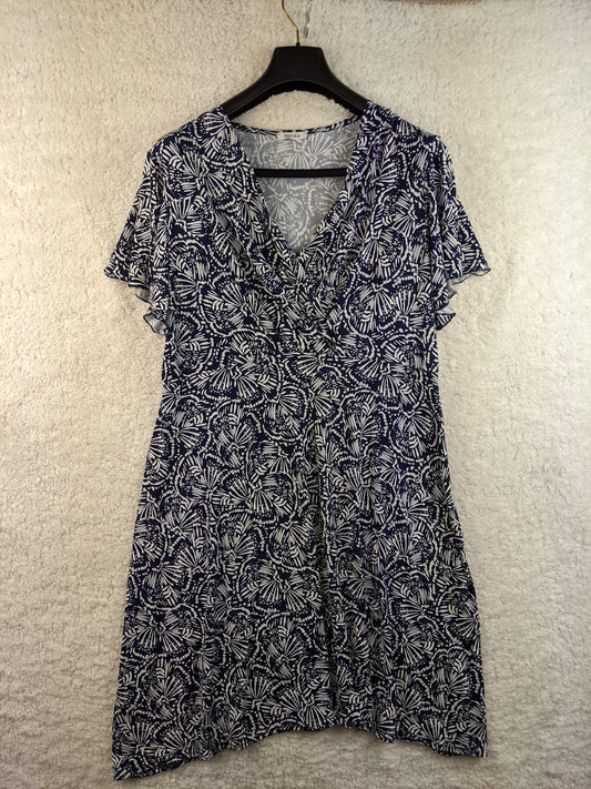 Front view of navy and white floral dress