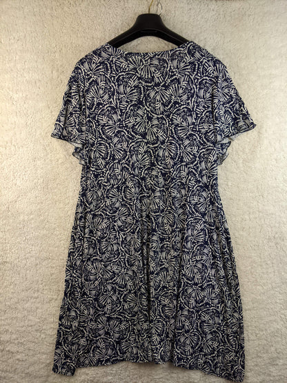 Back view of navy and white floral dress