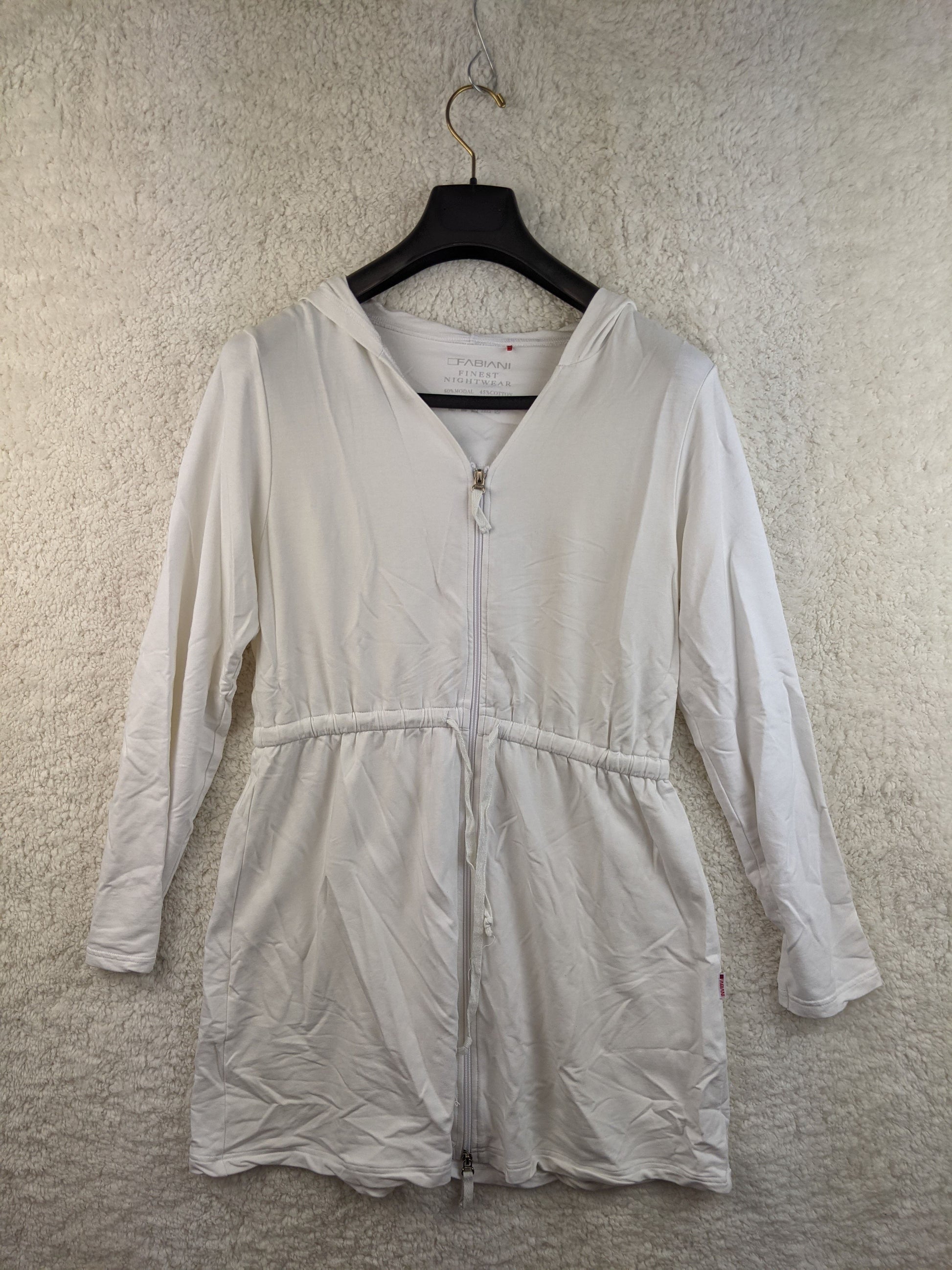 Front view of white Fabiani hooded nightwear dress