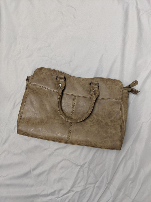 Brown faux leather tote bag with handles