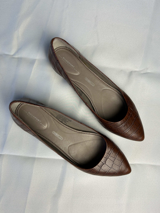 Top view of Rockport brown croc-embossed leather flats