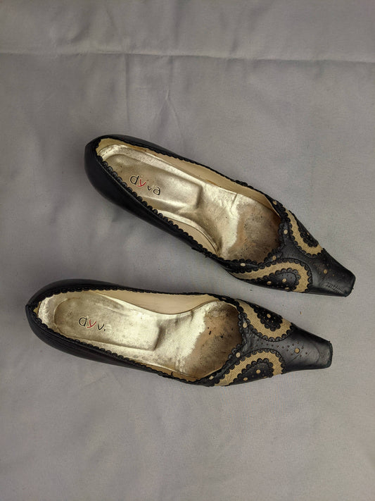 Top view of black leather heels