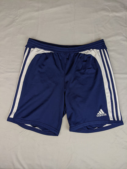 Front view of navy blue Adidas sports shorts