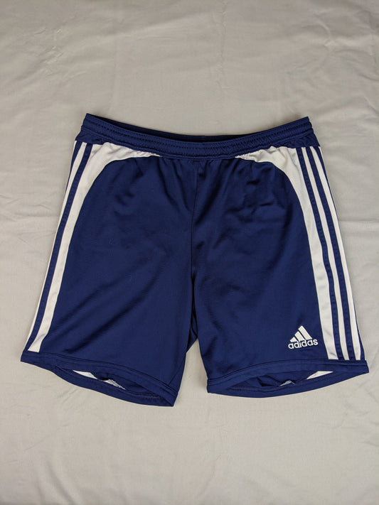 Front view of navy blue Adidas sports shorts
