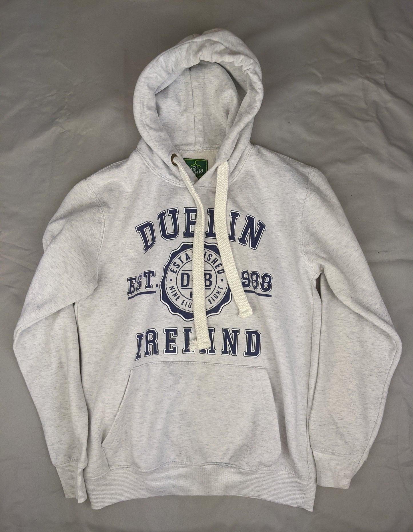 Front view of grey hoodie with Dublin Ireland print