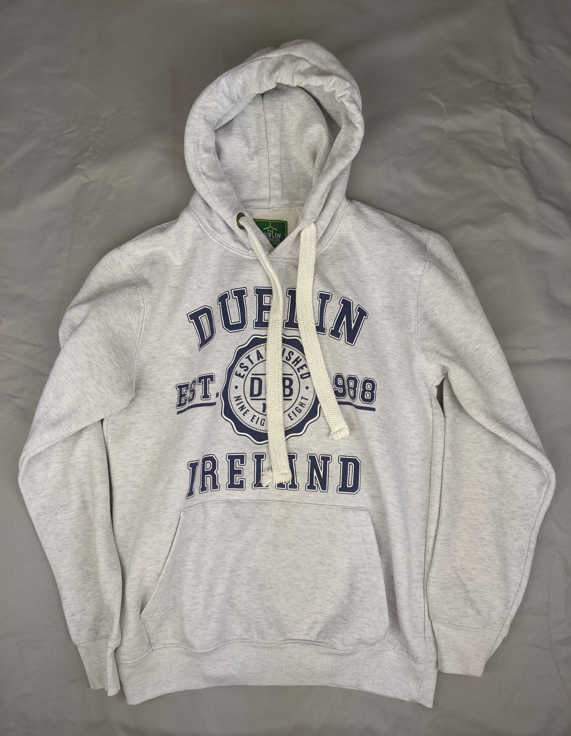 Front view of grey hoodie with Dublin Ireland print