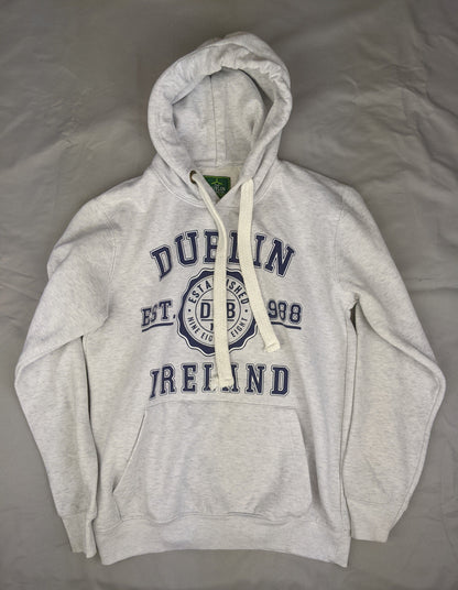 Front view of grey hoodie with Dublin Ireland print