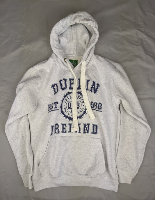 Front view of grey hoodie with Dublin Ireland print